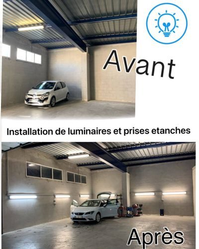 Installation de luminaires LED et prises étanches dans un atelier professionnel à Aubagne - L'Artisan du 13.